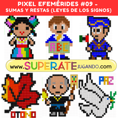 Pixeles de Efemérides de Septiembre con actividades de sumas y restas con Leyes de los Signos para secundaria.
